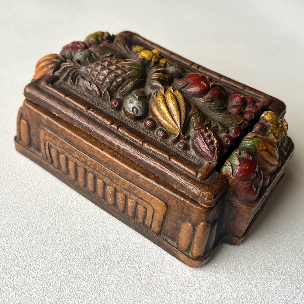 Vintage Cigarette Box, Colorful Syroco Box, Playing Cards Storage 1940s, Fruit